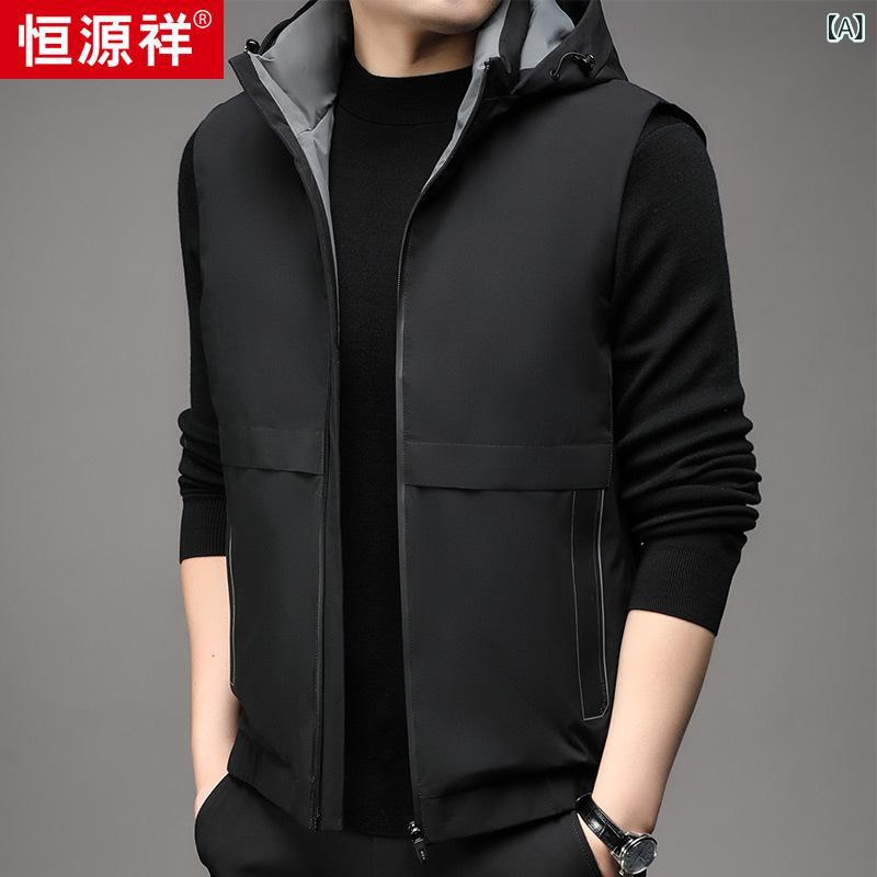 ダウンベスト メンズ 男性用 ダックダウン フード付き 取り外し可能フード 秋冬 ベスト 厚手 ゆったり ジップアップ 多ポケット 普段使い スポーツ カジュアル ポリエステル ホワイトダックダウン ブラック グレー