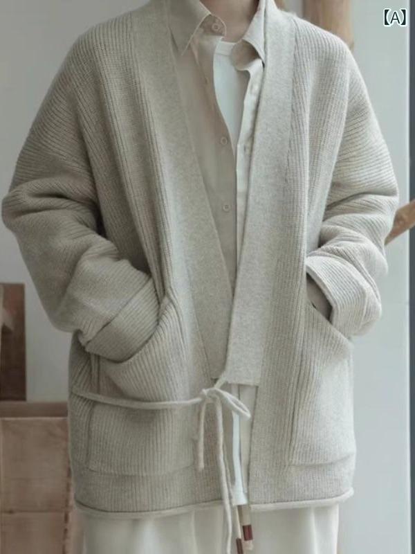 ニットカーディガン メンズ 春秋 オートミール色 Vネック 紐付き ゆったり 長袖 ポリエステル 通気性 ..