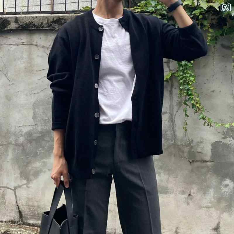 ニットカーディガン メンズ 男性用 ゆったり ルーズフィット ビッグシルエット 韓国風 アウター 羽織り 高級感 カジュアル クール ストリート 着回し デイリー 普段使い ポリエステル 化学繊維混紡 通気性 秋冬 黒 グレー