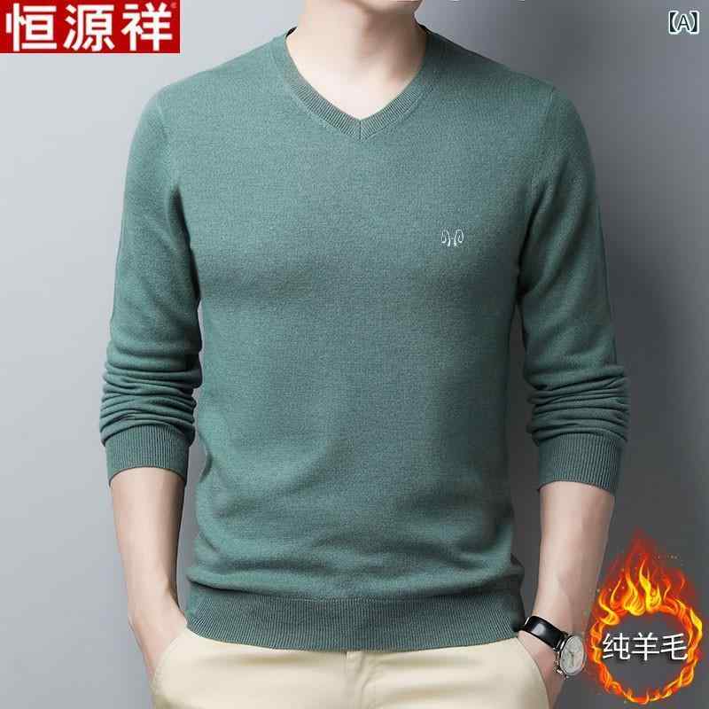 Three-Quarter Knit - ニット メンズ 純ウール 羊毛100% Vネック プルオーバー 長袖 保温性 暖かい 秋冬 無地 多色展開 カジュアル ファッション トップス