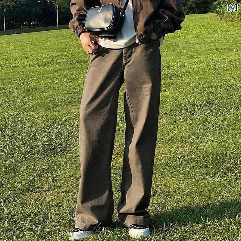 デニムパンツ メンズ 春秋 アメリカンカジュアル レトロ ヴィンテージ ストレート ルーズフィット ウォッシュ加工 個性的 クリーンフィット ロング丈 コットン 普段使い ミドルウエスト 微ストレッチ ブラウン