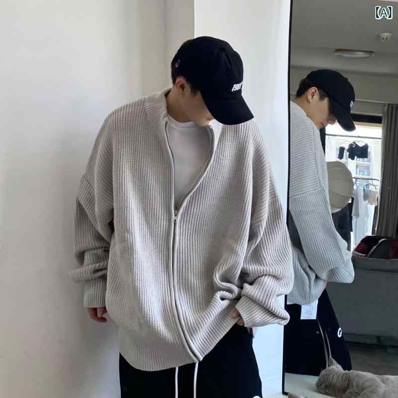 ニット メンズ 男性用 秋冬 ジップアップ スタンドカラー セーター ルーズ ビッグシルエット ストリート カジュアル グリーン 緑 長袖 ..