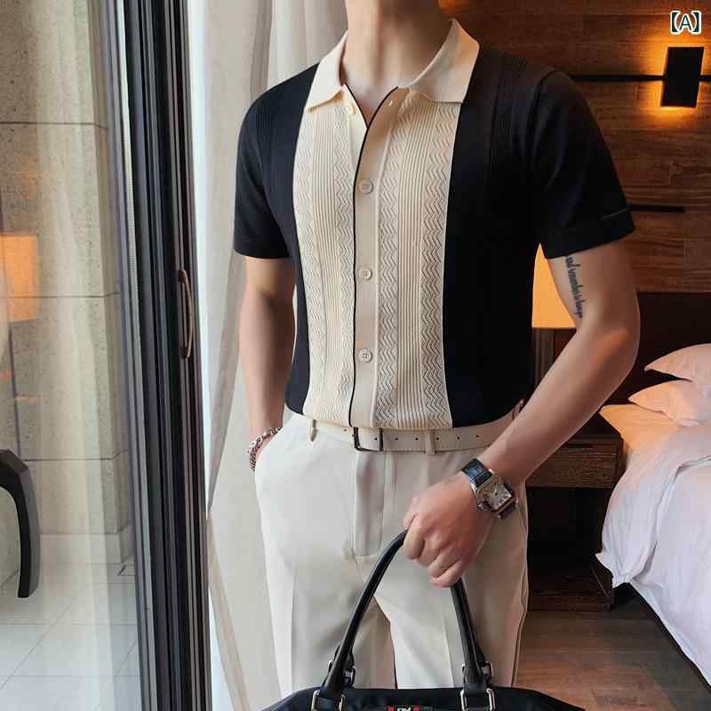 ポロシャツ メンズ 前開き ニット 半袖 スリムフィット 春夏 韓国ファッション トレンド感 バイカラー 配色切り替え 透かし編み 接触冷感 通気性 吸湿速乾 ポリエステル カジュアル