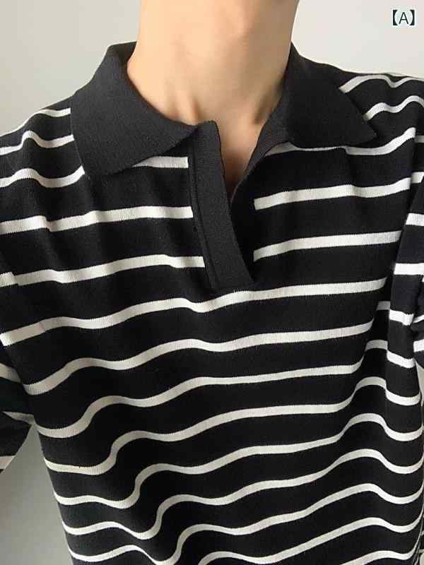 ポロシャツ メンズ 男性 韓国風 春夏 接触冷感 ストライプ柄 ボーダー ニット 襟付き 高級感 ゆったり ビッグシルエット 五分袖 半袖 切り替え ポリエステル 通気性 カジュアル 普段使い