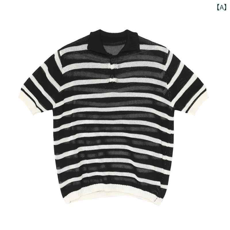 ポロシャツ メンズ 男性用 半袖 ストライプ柄 薄手 バイカラー 切り替え ニット ポリエステル 通気性 襟付き ゆったり 着回し カジュア..