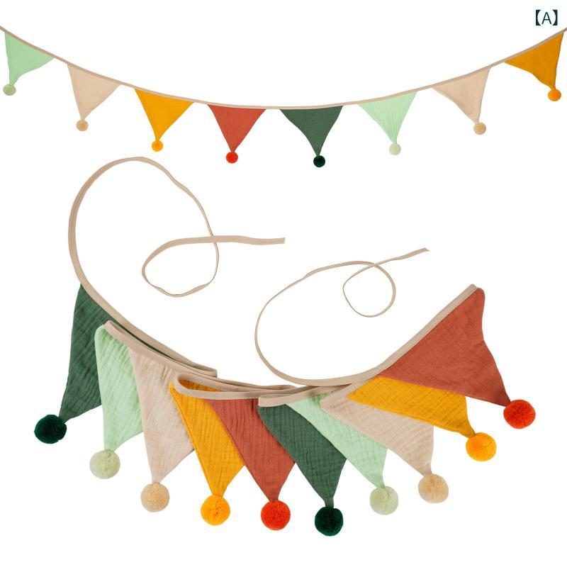 ガーランド キッズ 子供 ダブルレイヤー 綿 クレープ生地 ポンポン 無地 三角旗 誕生日 バースデー パーティー 幼稚園 保育園 ホームデコレーション キャンプ アウトドア