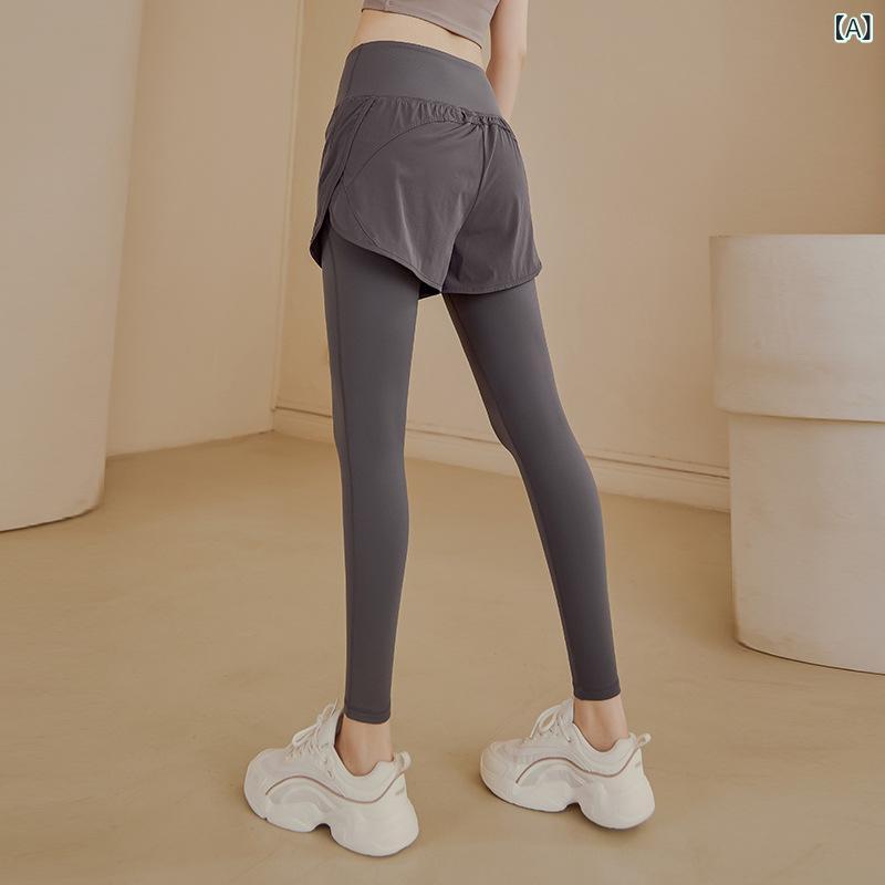 レギンス レディース ショートパンツ一体型 ヨガ ランニング フィットネス スポーツ ハイウエスト ヒップアップ 着圧 伸縮性 ロング ポリエステル素材 グレー ブラック パープル