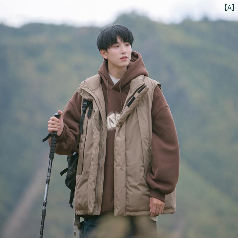 中綿ベスト メンズ 男性用 日系 シティボーイ ワークスタイル カジュアル 厚手 保温 防寒 冬 ゆったり ルーズシルエット 機能性 スタンドカラー ジップアップ アウター