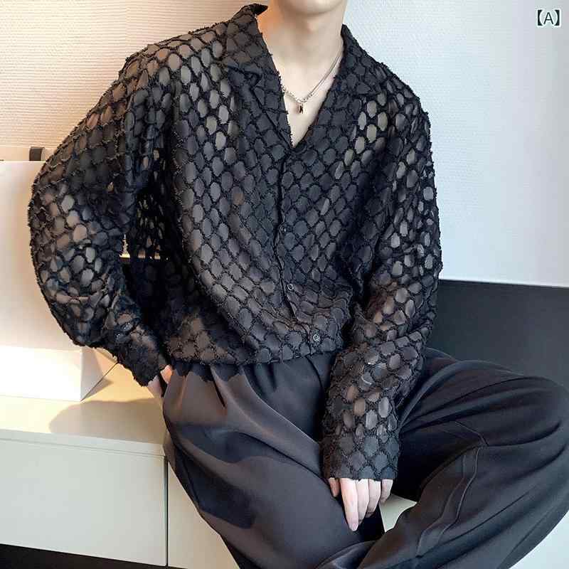 シャツ メンズ 秋 長袖 透かし編み ポリエステル とろみ感 ドレープ 大人きれいめ 韓国風 ルーズシルエット クール シック モード 個性的 デザイン 普段使い ブラック ホワイト イージーケア