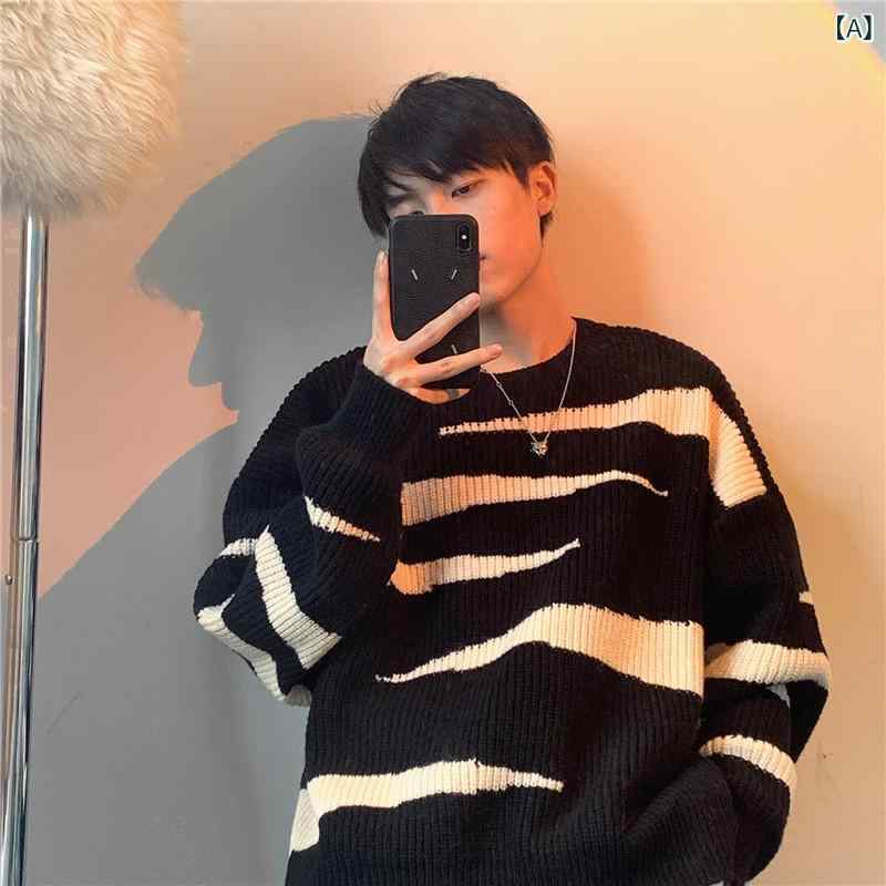 ニット メンズ ゼブラ柄 カラーブロック ゆったり クルーネック 長袖 ポリエステル 肉厚 保温 あたたかい 香港風 韓国風 トレンド カジュアル おしゃれ 秋冬 定番