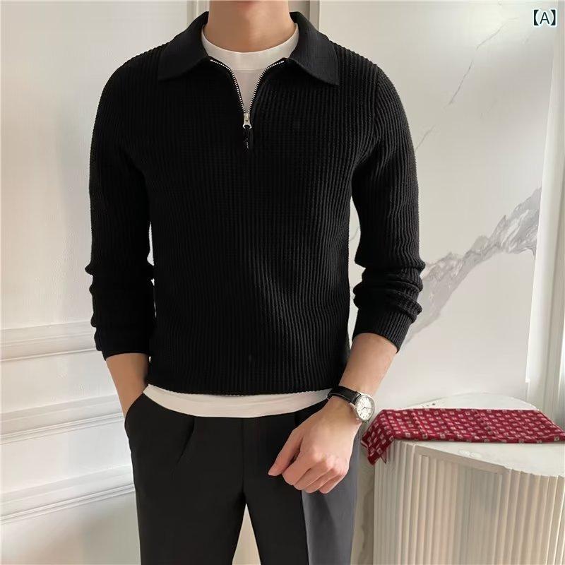 ニット トップス メンズ 男性用 デザイン ポロ 襟 ハーフジップ ゆったり ルーズフィット ヘビーウェイ..