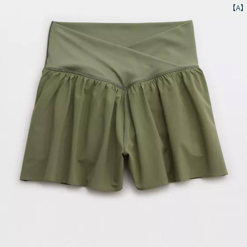 キュロット レディース ヨガ ランニング フィットネス スポーツウェア 交叉ウエストデザイン ポケット付き ゆったり 通気性 透け防止 インナーパンツ ショート丈 スカートパンツ 伸縮性 軽量 女性用