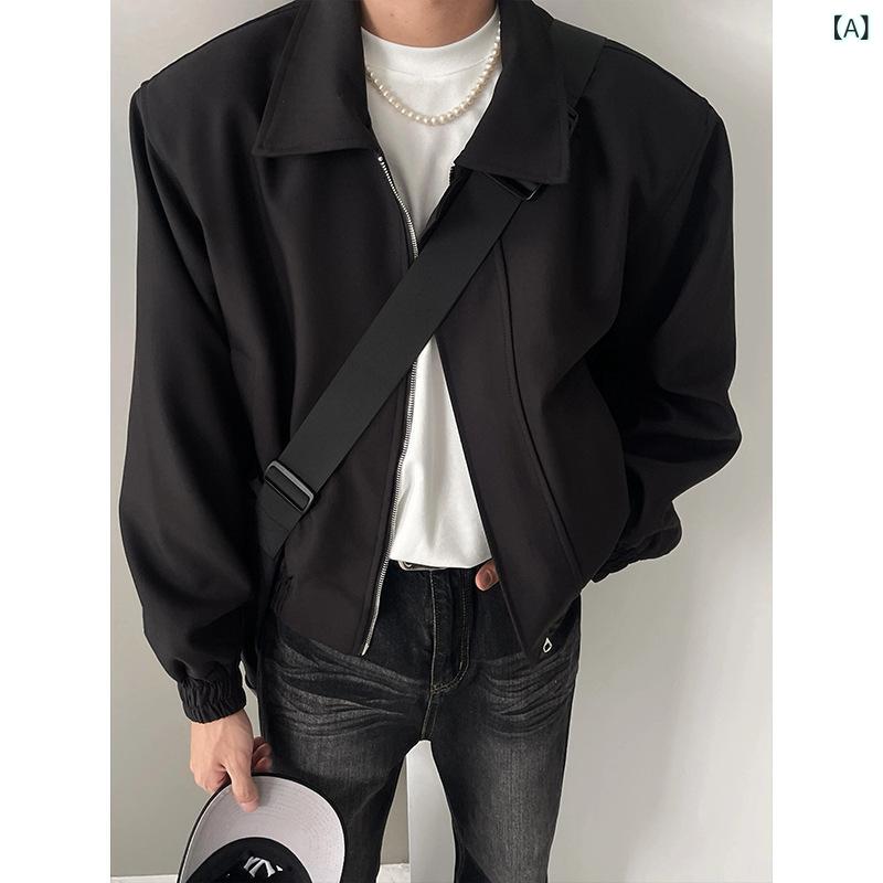 ジャケット メンズ 男性用 アメリカンカジュアル クリーンフィット ワイルド クール 高級感 肩パッド ショート丈 フライトジャケット オープンカラー ゆったり ビッグシルエット ポリエステル 春秋
