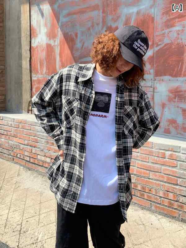 シャツ メンズ 春秋 レトロ ヴィンテージ チェック柄 ジャカード織り 長袖 アメリカンカジュアル 大人カジュアル ゆったり ビッグシルエット 白黒 ブラック ホワイト 普段使い 着回し カップル ペアルック 綿 コットン 襟付き