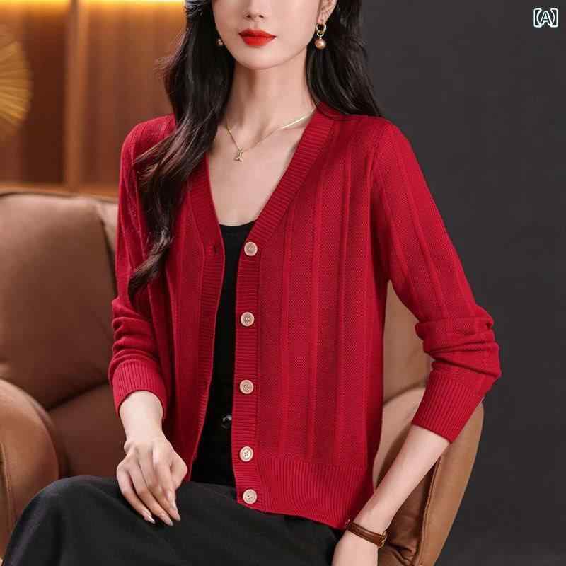 Long-Sleeved Knit - カーディガン レディース ニット ウール混 ゆったり Vネック 長袖 ショート丈 無地 切り替え フロントボタン 薄手 秋冬 快適 カジュアル