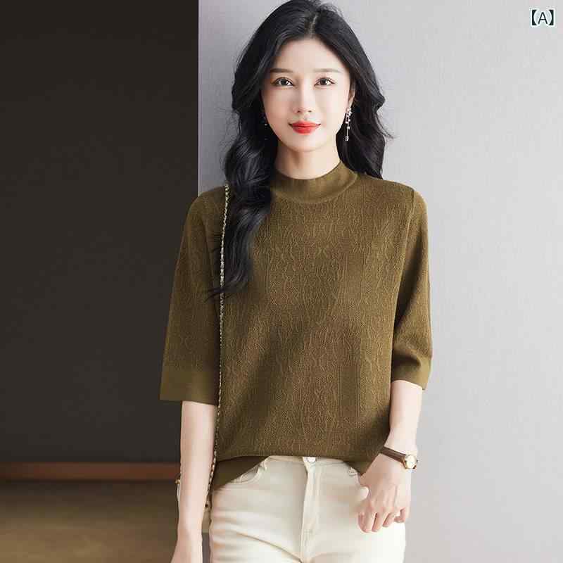 ニット セーター レディース 女性用 丸首 七分袖 プルオーバー 薄手 ゆったり オーバーサイズ 着痩せ 細見え ジャガード織り 無地 ウール 切り替え ショート丈 秋冬 通勤 オフィス カジュアル 上品 エレガント