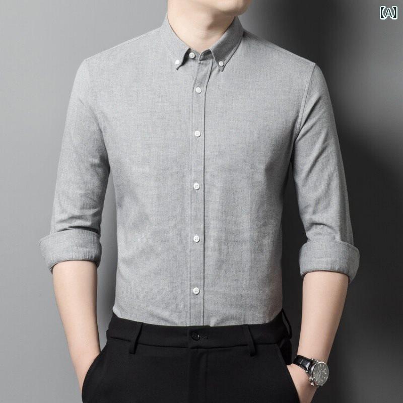 シャツ メンズ 男性用 100%綿 コットン 長袖 ストライプ柄 スリムフィット 襟付き ビジネス オフィスカ..