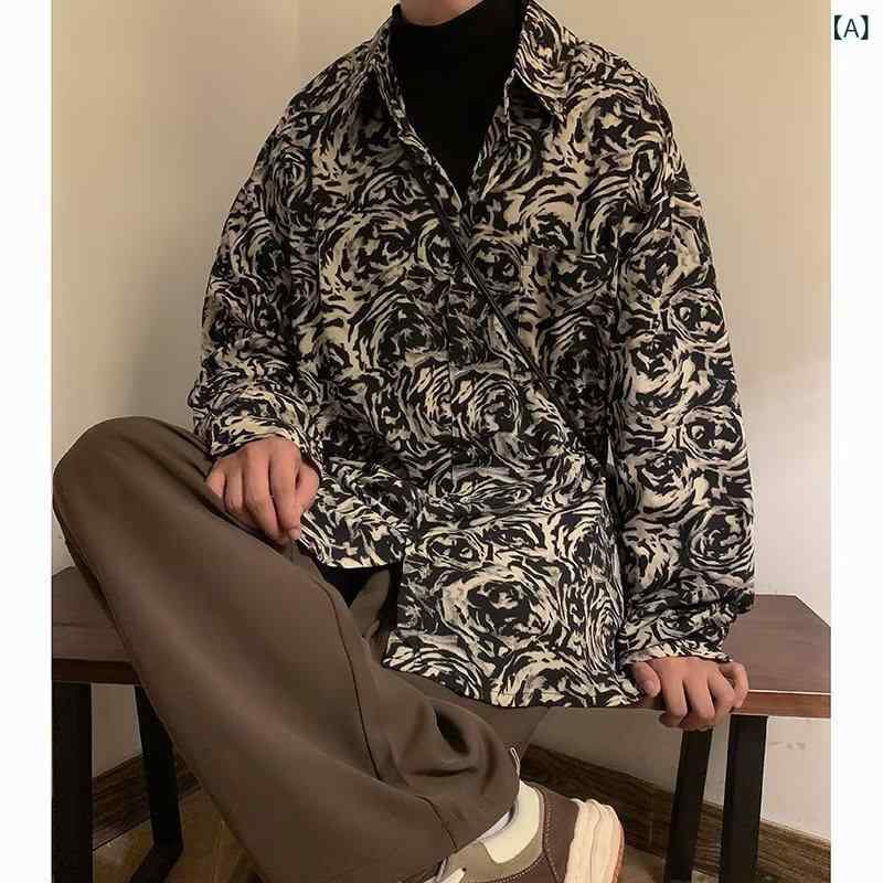 シャツ メンズ 男性用 アメリカンレトロ 花柄 ルーズフィット ビッグシルエット 長袖 ポリエステル 襟付き ストリート カジュアル おしゃれ デザイン ゆったり リラックス 春秋