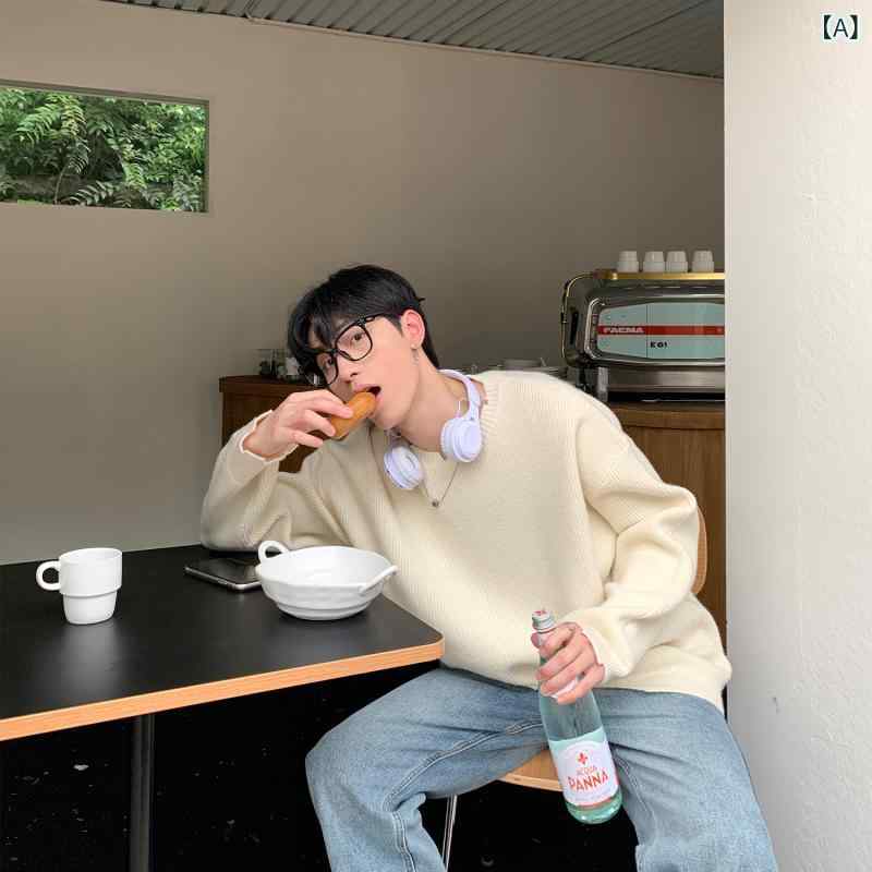 ニットセーター メンズ 秋冬 ダメージ加工 アシンメトリー クルーネック 長袖 ゆったり ビッグシルエット ゆる感 無地 着回し カジュアル 普段使い 通気性 再生繊維 ノーアイロン