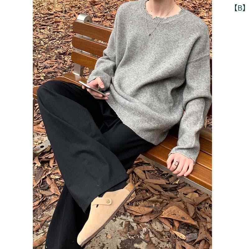 ニットセーター メンズ 秋冬 ダメージ加工 アシンメトリー クルーネック 長袖 ゆったり ビッグシルエット ゆる感 無地 着回し カジュアル 普段使い 通気性 再生繊維 ノーアイロン