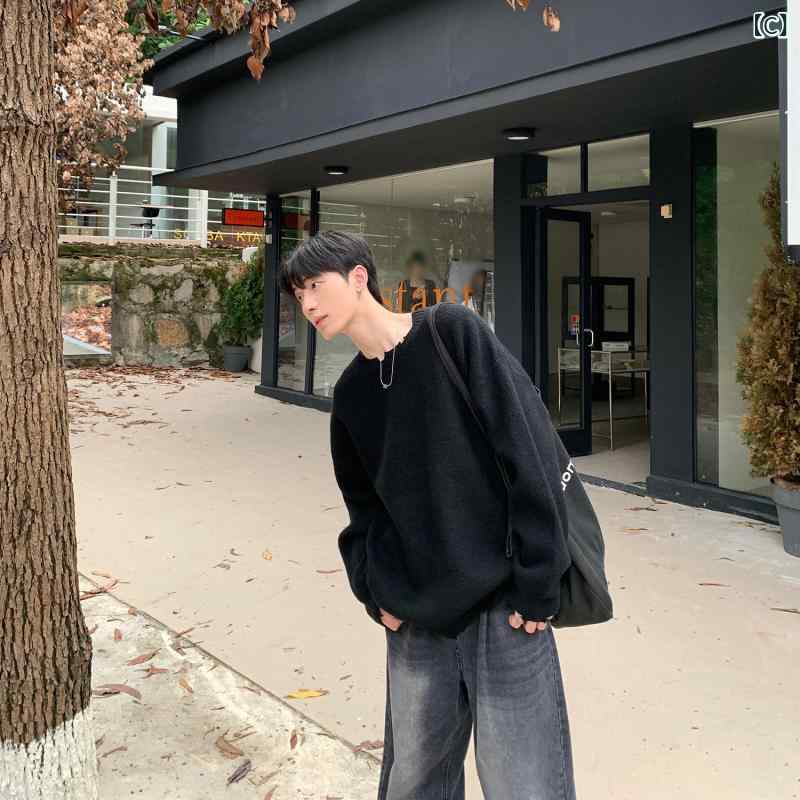 ニットセーター メンズ 秋冬 ダメージ加工 アシンメトリー クルーネック 長袖 ゆったり ビッグシルエット ゆる感 無地 着回し カジュアル 普段使い 通気性 再生繊維 ノーアイロン