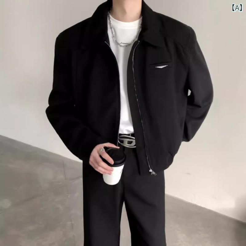 ジャケット メンズ ショート丈 春秋 スタジャン テーラード襟 肩パッド入り 高級感 ワイルド こなれ感 ストリート アメリカンカジュアル ポリエステル 無地 ブラック デイリーユース