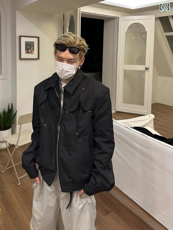 ジャケット メンズ 男性用 アメカジ ストリート ルーズフィット ビッグシルエット 肩パッド入り メタルデザイン 高級感 カジュアル アウター ブルゾン 襟付き ジップアップ 長袖 無地 ブラック ポリエステル 春秋