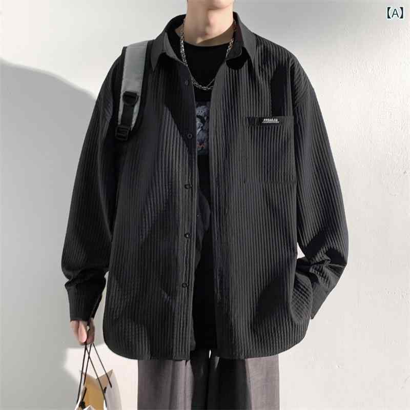 シャツ メンズ ワッフル生地 アウター 春秋 長袖 カジュアル ルーズ ビッグシルエット ワークスタイル ポリエステル 無地 襟付き イージーケア デイリーユース タウンユース 薄手 ブラック ホワイト ダークグリーン