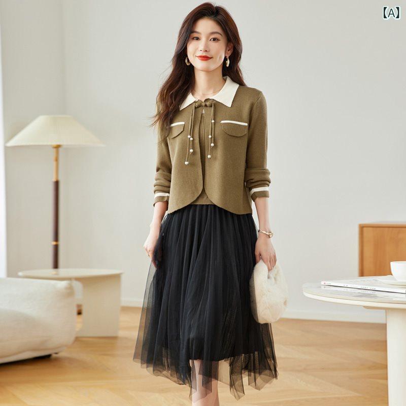 ・カテゴリ: カジュアルセットアップ・スタイル: 日韓カジュアル、コンフォートカジュアル・主な素材: ポリエステル、ウール混紡・柄: 無地・: パッチワーク、切り替え・スカート丈: ミディ丈・セット内容: スカートセット・袖丈: 長袖・袖タ...