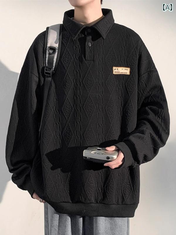 ポロ スウェット メンズ ユニセックス 長袖 襟付き プルオーバー ヘビーウェイト 厚手 オーバーサイズ ビッグシルエット ゆったり アメカジ ストリートカジュアル 春秋 ポリエステル 無地 普段使い イージーケア