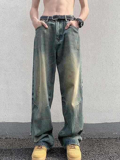 デニムパンツ メンズ ウォッシュ加工 ヴィンテージ加工 ルーズ ワイド ストレート 超ロング丈 ストリート系 アメカジ 春秋 コットン 黄..