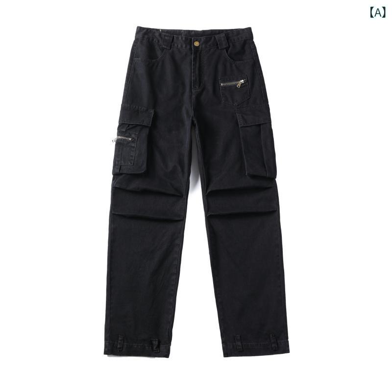 カーゴパンツ メンズ アメリカン ストリート レトロ マルチポケット ワイドパンツ ストレート ルーズ カジュアル ポリエステル 通気性 ストレッチ 普段使い タウンユース アウトドア 秋冬 ブラック グレー
