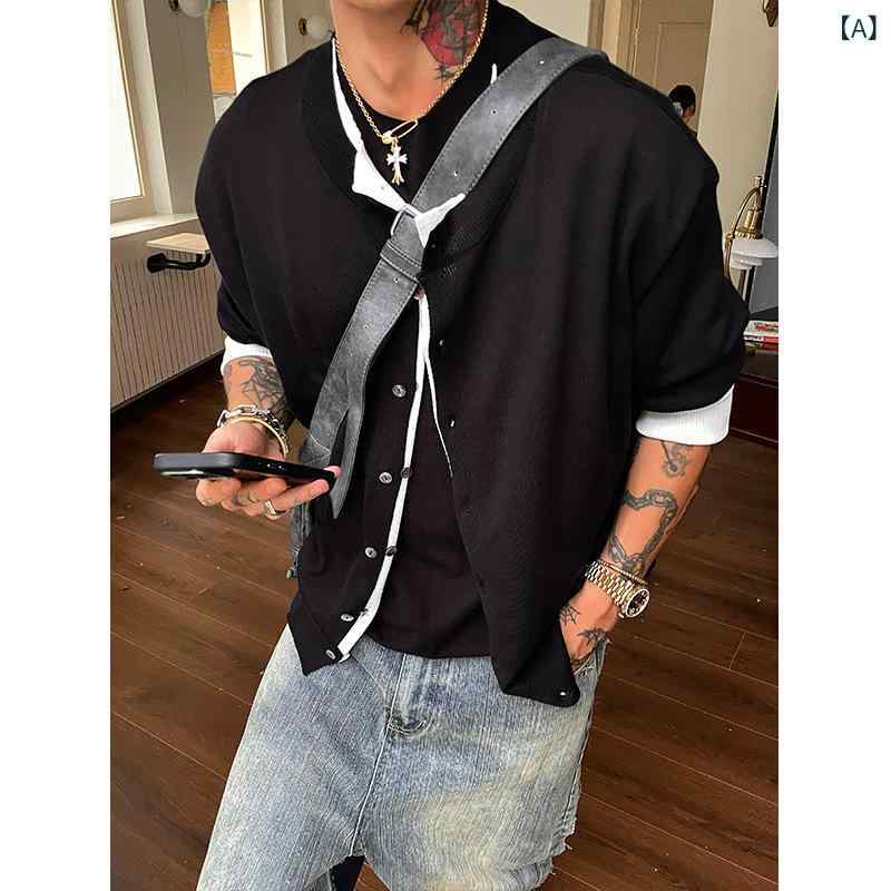 ニットカーディガン メンズ 春秋 重ね着風 薄手 長袖 カジュアル 着回し トップス ゆったり クルーネック 通気性 ポリエステル 普段使い