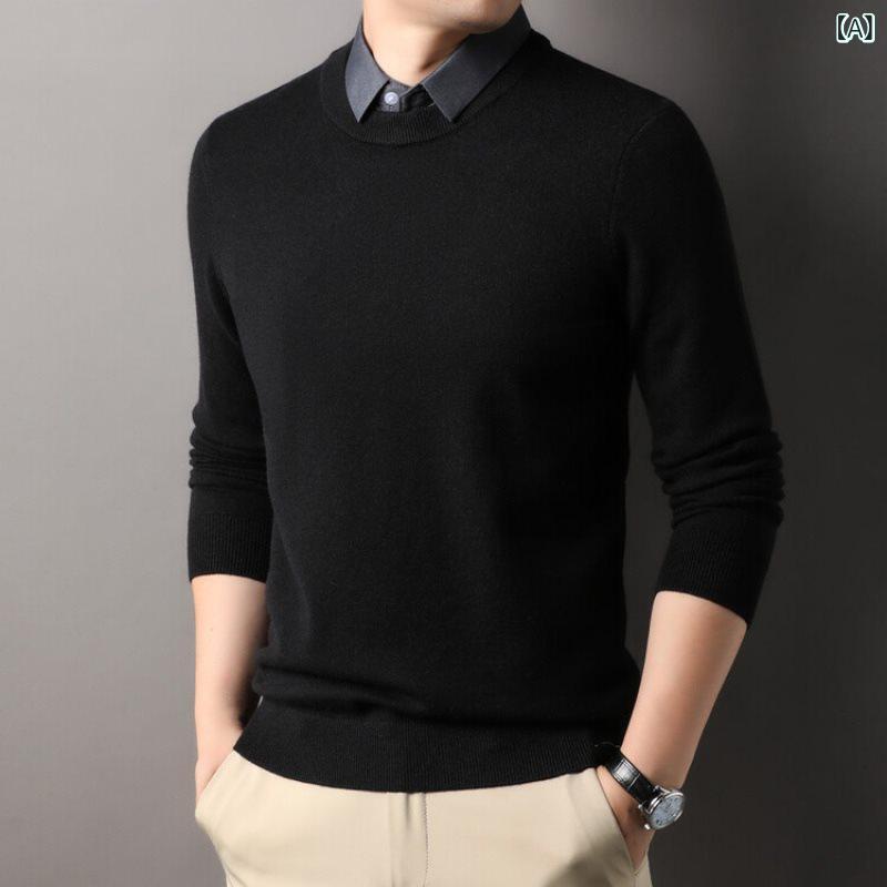 ニット メンズ 秋冬 シャツ襟 重ね着風 フェイクレイヤード 長袖 厚手 ゆったり 配色切り替え ビジネスカジュアル オフィスカジュアル ..