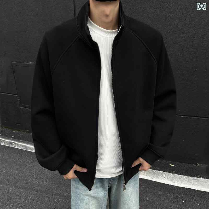 スウェット メンズ ブラック スタンドカラー 立ち襟 ジップアップ 厚手 ヘビーウェイト ビッグシルエット ゆったり ジャケット ブルゾン アウター アメカジ ストリート系 ポリエステル イージーケア 春秋冬 トップス