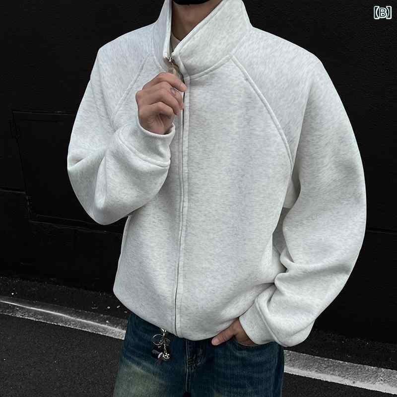 スウェット メンズ ブラック スタンドカラー 立ち襟 ジップアップ 厚手 ヘビーウェイト ビッグシルエット ゆったり ジャケット ブルゾン アウター アメカジ ストリート系 ポリエステル イージーケア 春秋冬 トップス