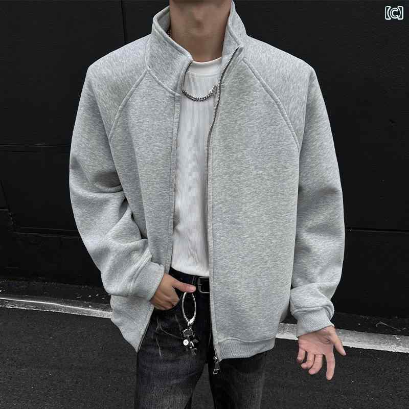 スウェット メンズ ブラック スタンドカラー 立ち襟 ジップアップ 厚手 ヘビーウェイト ビッグシルエット ゆったり ジャケット ブルゾン アウター アメカジ ストリート系 ポリエステル イージーケア 春秋冬 トップス
