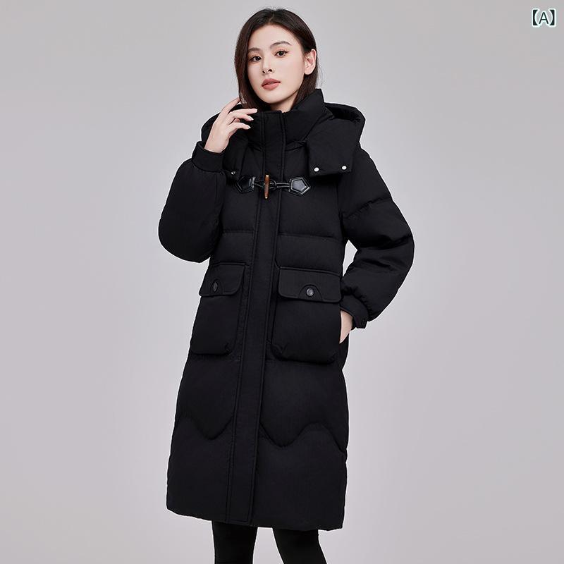 ダウンコート レディース 女性用 秋冬 厚手 保温 防寒 ミドル丈 ノーカラー ストレートシルエット ホワイトダックダウン アセテート素材 ジップアップ カジュアルスタイル ブラック レッド ベージュ アウター