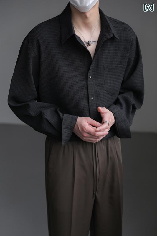 シャツ メンズ 男性用 春秋 高級感 ドレープ感 長袖 無地 ノーアイロン 形態安定 ポリエステル ゆったり 大人カジュアル きれいめ トレンド 普段使い 通勤 ビジネス