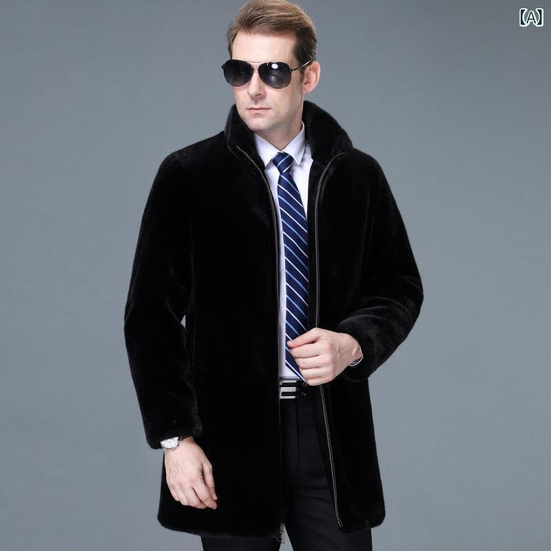 コート メンズ ミンク毛皮 男性用 ストレートシルエット スタンドカラー ロング丈 カジュアル 冬物 アウター デイリーユース