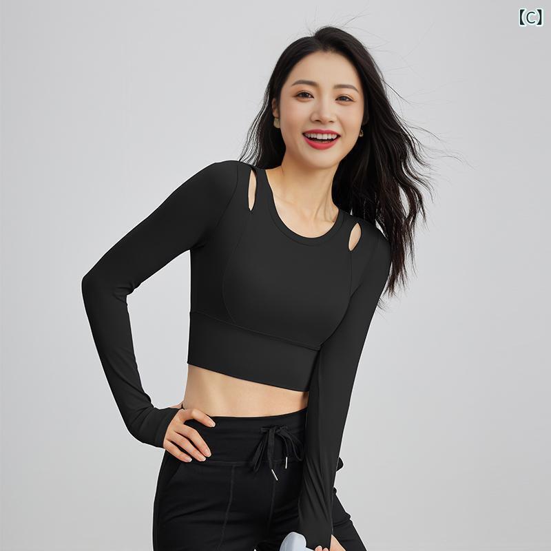 Tシャツ レディース 秋冬 吸湿速乾 固定カップ付き 長袖 ショート丈 プルオーバー ...