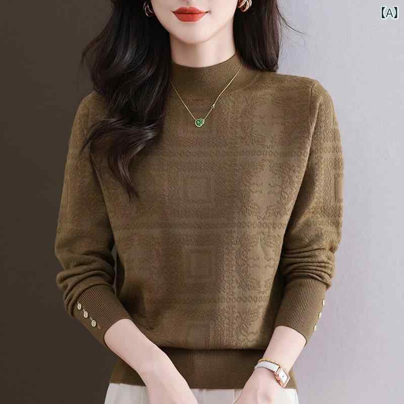 ニット レディース ショート丈 ハーフハイネック 無地 ジャカード セーター プルオーバー インナー トップス 羊毛 ウール 長袖 ゆったり ルーズフィット 通勤 オフィス 普段使い きれいめ カジュアル 秋冬