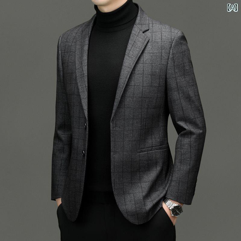 ジャケット メンズ 紳士 秋冬 ビジネス カジュアル チェック柄 シングルブレスト 2ボタン スリムフィット 形態安定 ポリエステル テーラードカラー 長袖 グレー系 ブラック系 ブラウン系