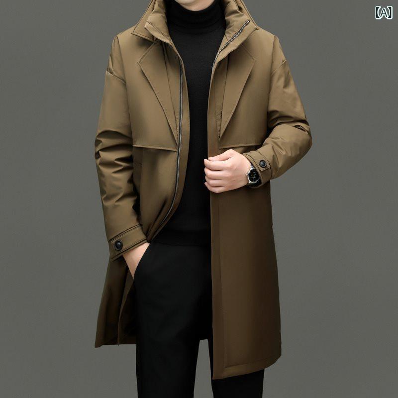 ダウンジャケット メンズ ミドル丈 フード付き ホワイトダックダウン 厚手 防寒 保温 秋冬 カジュアル ファッション アウター 多ポケット カーキ ブラック