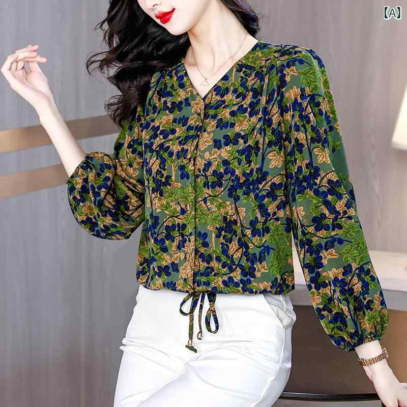 シャツ ブラウス レディース 春秋 桑蚕シルク 絹 シルク ミセス 大人 ゆったり ルーズ 長袖 ポロ襟 小花柄 プリント柄 開襟 カーディガン 上品 通勤 快適 カジュアル ノーアイロン ミドル丈