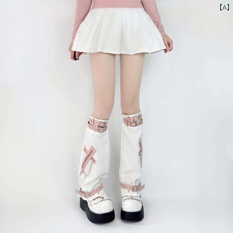 レッグウォーマー レディース 日系 Y2K パンク 個性的 ストリートファッション 十字架 レザーバックル デニム ミドル丈 クシュクシュ ポリエステル 刺繍