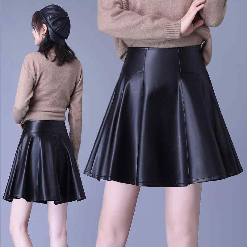 スカート レディース 春秋 羊革 本革 レザースカート ミニスカート ハイウエスト Aライン プリーツ フレア 切り替え 大きいサイズ 着痩せ効果 体型カバー 脚長効果 ブラック おしゃれ きれいめ エレガント 通勤 オフィス ブリティッシュスタイル 伸