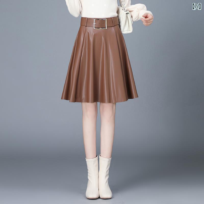 スカート レディース 春秋冬 羊革 レザー Aライン フレア ミディ丈 ブラウン ブラック 通勤 オフィス 普段使い きれいめ 上品 エレガント