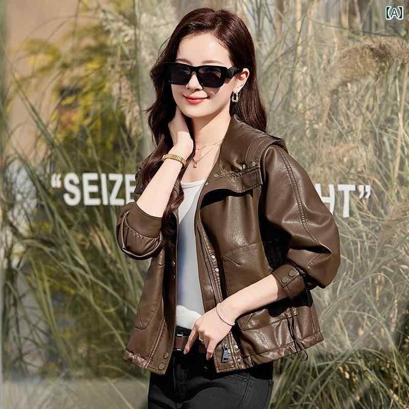 革ジャン レディース 羊革 シープスキン リアルレザー ショート丈 フード付き アウター 春秋 カジュアル リラックスフィット ゆったり 普段使い ブラウン