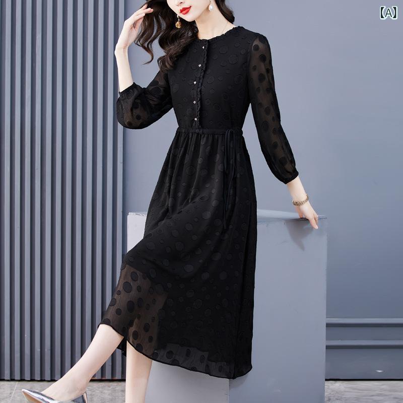 ワンピース レディース ママ 長袖 春 大きいサイズ ゆったり Aライン ミディ丈 立ち襟 ブラック シフォン ポリエステル 上品 エレガント 切り替え オフィス カジュアル デイリーユース